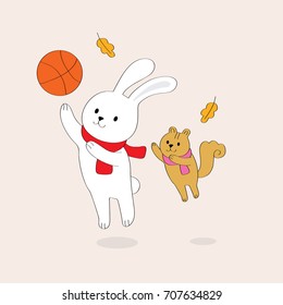 Cartoon cute friends love the  white rabbit and the brown squirrel to play basketball to have fun.