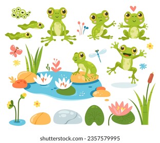 Cartoon cute frog amphibian mascot with different emotion, jumping and sitting, funny tadpole swimming, frogspawn, dragonfly insect, water lilies and beautiful pond isolated vector illustration set