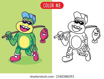 cartoon cute frog with fish vector illustration coloring page or book for kids