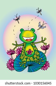 Cartoon  Cute Frog  with lotus.