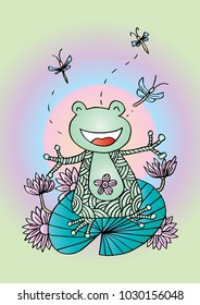 Cartoon  Cute Frog  with lotus.