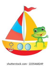 Cartoon cute frog on a colorfull boat