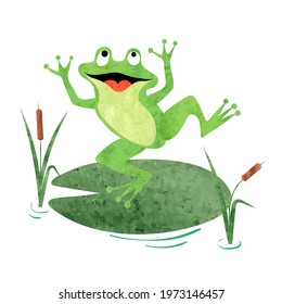 Cartoon cute Frog on lily pad. Vector watercolor illustration.	