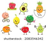 Cartoon cute fruit character doing spot exercises. Yoga, runnig, biking food vector illustration