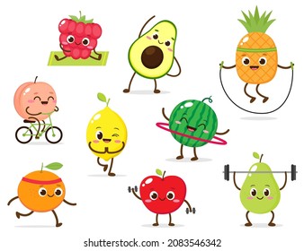 Cartoon cute fruit character doing spot exercises. Yoga, runnig, biking food vector illustration