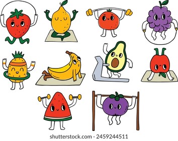 Cartoon cute fruit character doing spot exercises set Illustration Vector