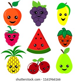 Cartoon cute fruits with eyes in flat style. Strawberry, apple, pineapple, mango, raspberry, grape, watermelon, pear, cherry