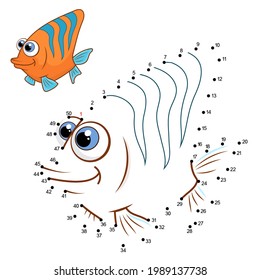 Cartoon cute fsh. Dot to dot game with numbers and answer for kids. Connect the dots by numbers and finish the picture. Education Game and Coloring Page with fish character. Practice counting to 50.