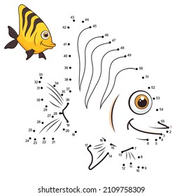 Cartoon cute fsh. Dot to dot game with numbers and answer for kids. Connect the dots by numbers and finish the picture. Education Game and Coloring Page with fish character. Practice counting to 55.