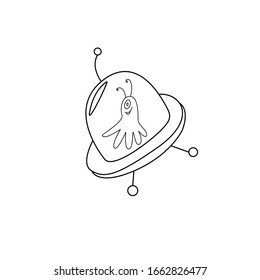 Caricatura graciosa Alien en Flying Saucer, OVNI. Icono de ilustración simple vectorial. Doodle blanco y negro