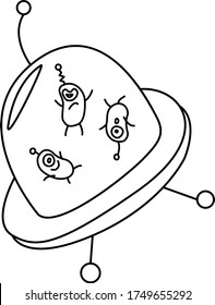Cartoon cute funny Alien in Flying Saucer, UFO. Contour simple vector illustration, icon. Black and white Doodle