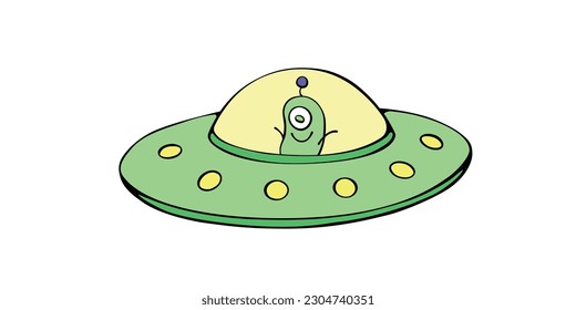 Cartoon cute funny Alien in Flying Saucer, UFO. Simple color vector illustration, icon in flat doodle style.