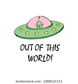 Cartoon cute funny Alien in Flying Saucer, UFO. Out of this world. Simple color vector illustration, icon in flat doodle style. Topic of avoidance, escape from problems