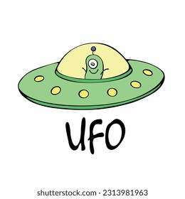Cartoon cute funny Alien in Flying Saucer, UFO. Simple color vector illustration, icon in flat doodle style.