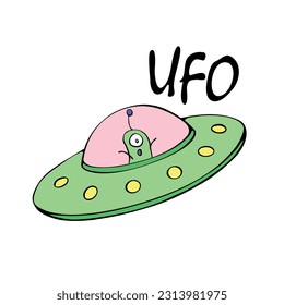 Cartoon cute funny Alien in Flying Saucer, UFO. Simple color vector illustration, icon in flat doodle style.