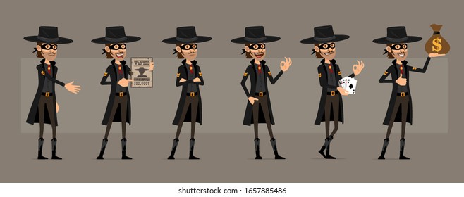 Cartoon cute funny bandit hero in black mask and hat from wild west. Thief with money bag, cards and wanted sign. Ready for animations. Isolated on gray background. Big vector icon set.