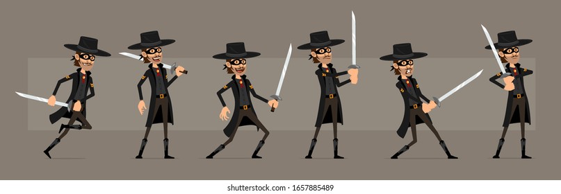 Cartoon cute funny bandit hero in black mask and hat from wild west. Smiling thief fighting with katana sword. Ready for animations. Isolated on gray background. Big vector icon set.