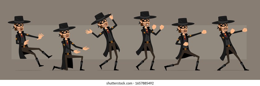 Cartoon cute funny bandit hero in black mask and hat from wild west. Angry thief ready to fight. Ready for animations. Isolated on gray background. Big vector icon set.