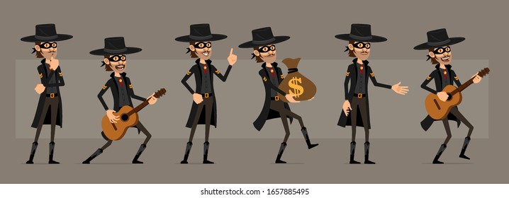 Cartoon cute funny bandit hero in black mask and hat from wild west. Thief with bank money bag and guitar. Ready for animations. Isolated on gray background. Big vector icon set.