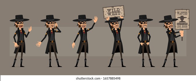 Cartoon cute funny bandit hero in black mask and hat from wild west. Thief with retro phone and wanted sign. Ready for animations. Isolated on gray background. Big vector icon set.