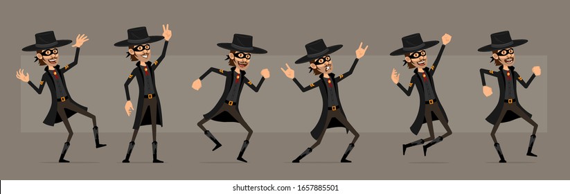 Cartoon cute funny bandit hero in black mask and hat from wild west. Rock and roll thief jumping and dancing. Ready for animations. Isolated on gray background. Big vector icon set.