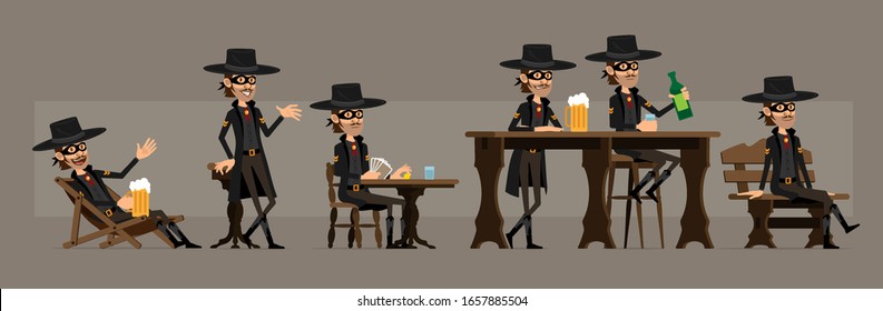 Cartoon cute funny bandit hero in black mask and hat from wild west. Thief in saloon with cards and beer. Ready for animations. Isolated on gray background. Big vector icon set.