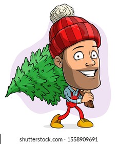 Cartoon cute funny bearded lumberjack Santa Claus in red costume and cap carrying green fir-tree. Layered vector for animations. Isolated on white background. New Year and Christmas vector icon.