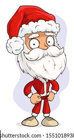 Cartoon cute funny bearded Santa Claus in red costume and cap with hands on hips. Layered vector for animations. Isolated on white background. New Year and Christmas vector icon.