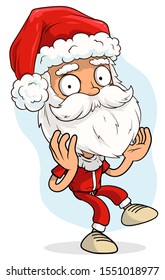 Cartoon cute funny bearded Santa Claus in red costume and cap jumping and dancing. Layered vector for animations. Isolated on white background. New Year and Christmas vector icon.
