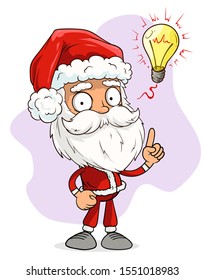 Cartoon cute funny bearded Santa Claus in red costume and cap with idea light bulb. Layered vector for animations. Isolated on white background. New Year and Christmas vector icon.