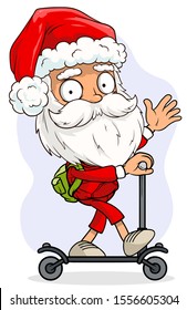 Cartoon cute funny bearded Santa Claus in red costume and cap riding a kick scooter with backpack. Layered vector for animations. Isolated on white background. New Year and Christmas vector icon.