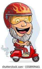 Cartoon cute funny bearded Santa Claus in red costume and helmet driving a retro scooter. Layered vector for animations. Isolated on white background. New Year and Christmas vector icon.