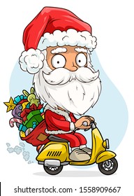 Cartoon cute funny bearded Santa Claus in red costume and cap driving a retro scooter with gifts bag. Layered vector for animations. Isolated on white background. New Year and Christmas vector icon.