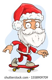 Cartoon cute funny bearded Santa Claus in red costume and cap riding a skateboard. Layered vector for animations. Isolated on white background. New Year and Christmas vector icon.