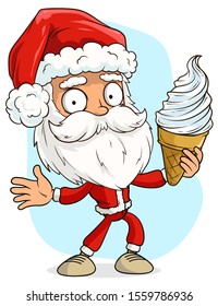 Cartoon cute funny bearded Santa Claus in red costume and cap with tasty ice cream in waffle cone. Layered vector for animations. Isolated on white background. New Year and Christmas vector icon.