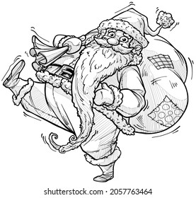 Cartoon cute funny bearded Santa Claus in costume and cap with big holiday present gift box. Isolated on white background. New Year and Christmas vector icon. Vector black and white sketch.