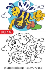 cartoon cute funny bee coloring page or book for kids