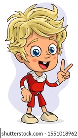 Cartoon cute funny blonde Santa Claus christmas elf in red costume showing peace sign or gesture. Layered vector for animations. Isolated on white background. New Year and Christmas vector icon.