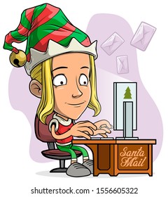 Cartoon cute funny blonde Santa Claus elf girl in costume and cap answering to mail on laptop. Layered vector for animations. Isolated on white background. New Year and Christmas vector icon.