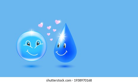 Cartoon cute funny bubble and drop of water with hearts on a blue background. Bright highlights and shadows