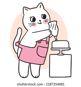 Cartoon Cute Funny Cat Cooking Cake Vector.