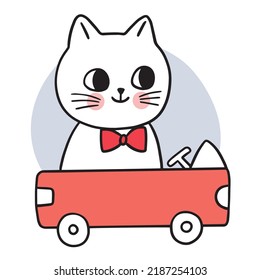 Cartoon Cute Funny Cat Driving Car Vector.