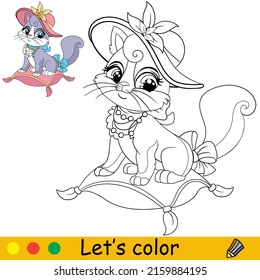 Cartoon cute funny cat in the hat. Coloring book page with colorful template for kids. Vector isolated illustration. For coloring book, print, game, party, design