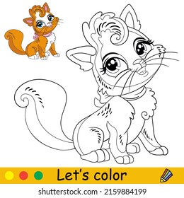 Cartoon cute funny cat in the hat. Coloring book page with colorful template for kids. Vector isolated illustration. For coloring book, print, game, party, design