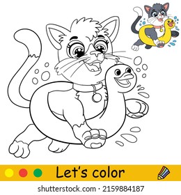 Cartoon cute funny cat with an inflatable circle. Coloring book page with colorful template for kids. Vector isolated illustration. For coloring book, print, game, party, design