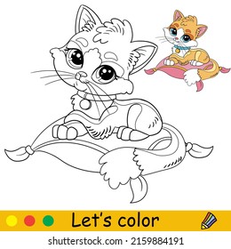 Cartoon cute funny cat lying on a pillow. Coloring book page with colorful template for kids. Vector isolated illustration. For coloring book, print, game, party, design