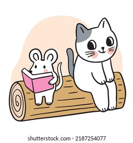 Cartoon cute funny cat and mouse reading book vector.
