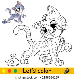 Cartoon cute funny cat playing with a toy mouse. Coloring book page with colorful template for kids. Vector isolated illustration. For coloring book, print, game, party, design