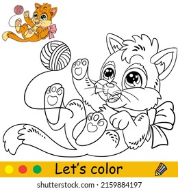 Cartoon cute funny cat playing with a ball of thread. Coloring book page with colorful template for kids. Vector isolated illustration. For coloring book, print, game, party, design