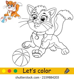 Cartoon cute funny cat playing with a ball. Coloring book page with colorful template for kids. Vector isolated illustration. For coloring book, print, game, party, design